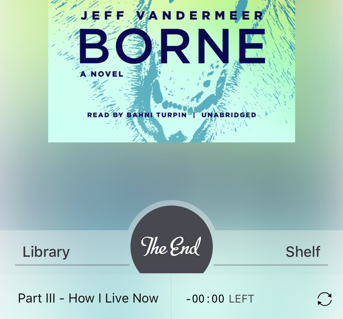 Screenshot from the Libby app showing a "the end" banner in the audiobook player.  