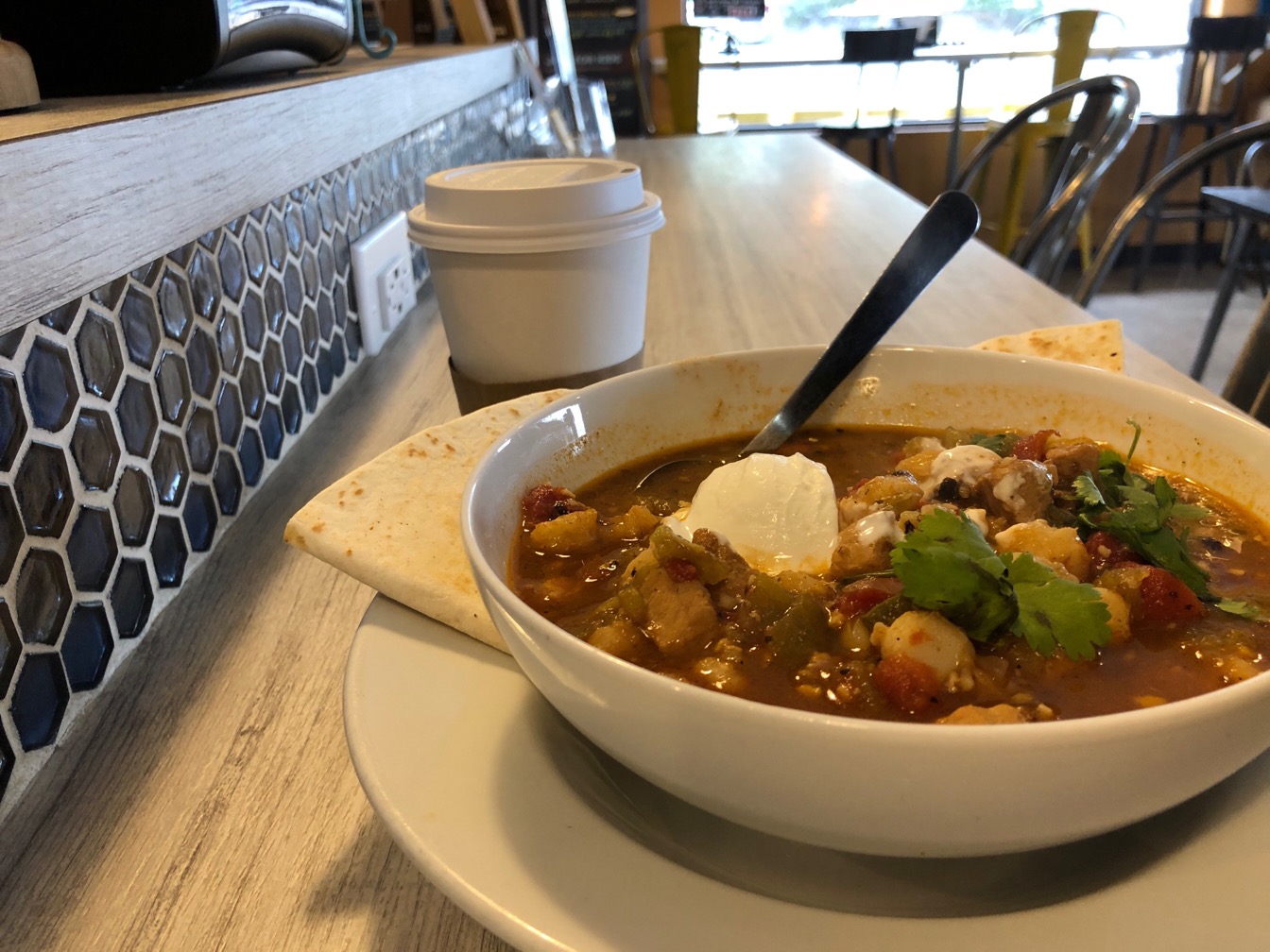 A bowl of spicy posole chili 