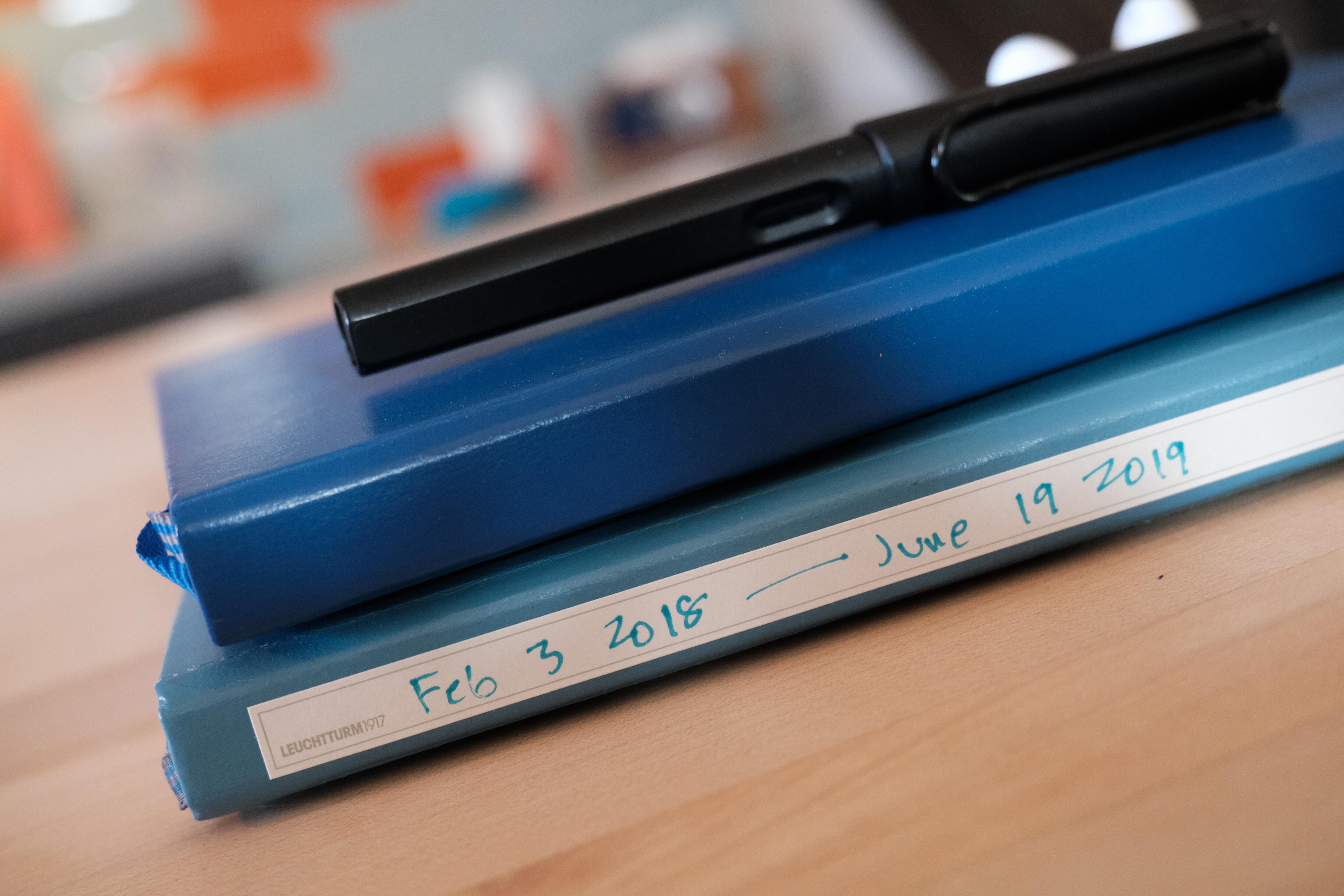Photo of two journals, stacked, with a Lamy fountain pen.  