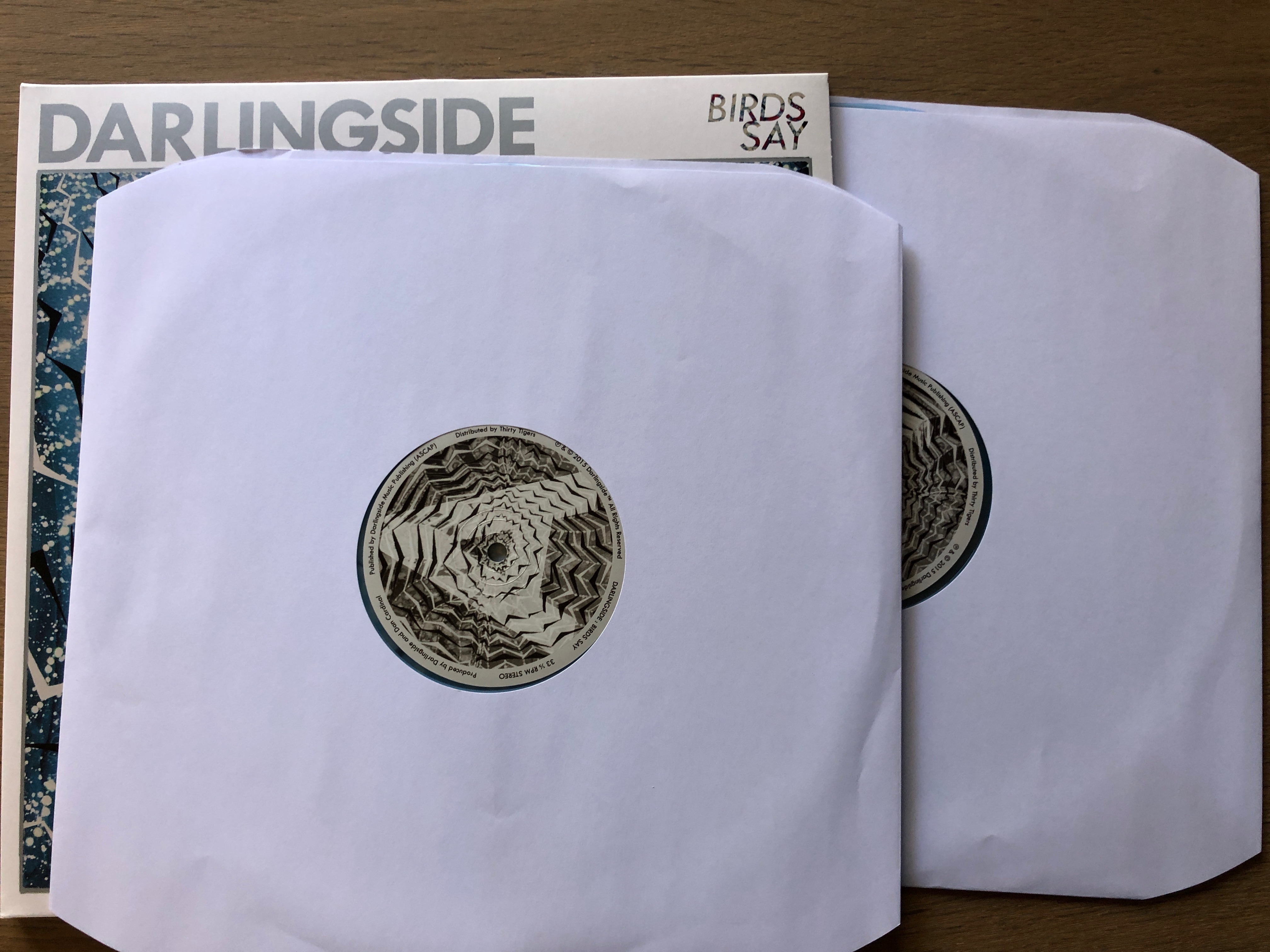 Photo of the two vinyl records in sleeves and the Darlingside 'Birds Say' album cover. 