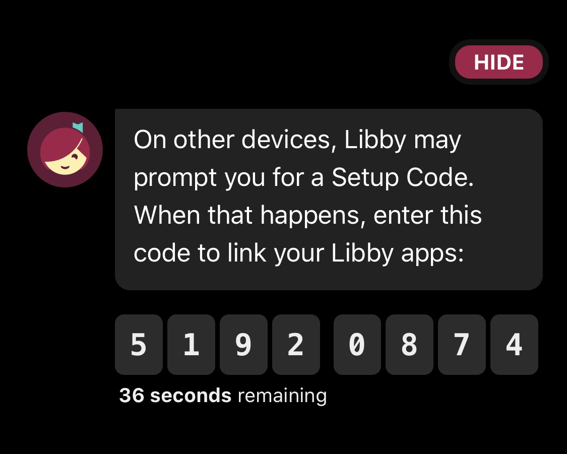 Screenshot of Libby showing a sync code to be entered in a new device  