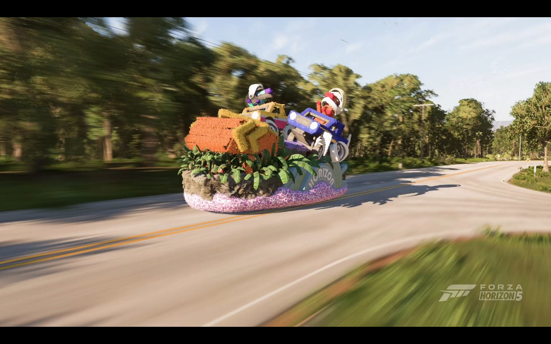 An in-game photo showing a very large, colorful parade float speeding along a road. 
