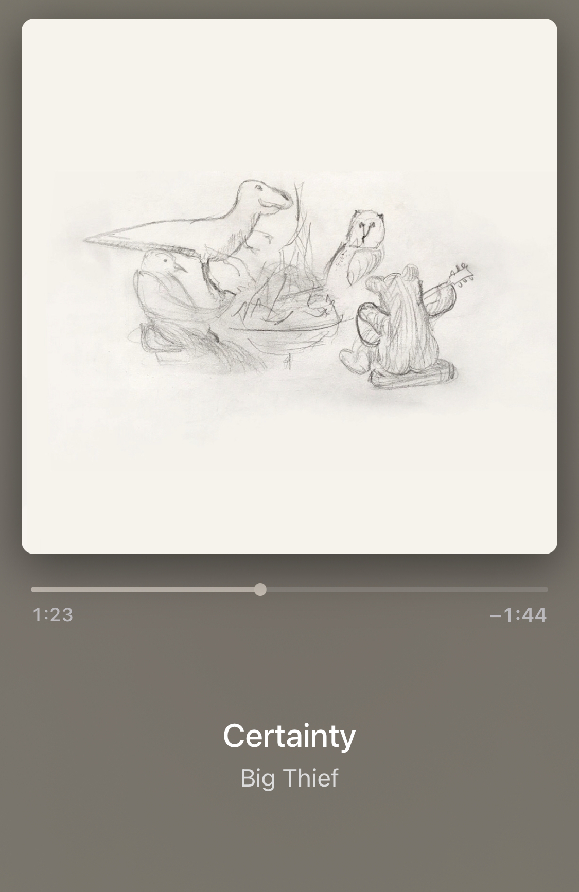 Image of an album cover showing the song titled Certainty. The album art is a pencil sketch of several animals including a dinosaur, sitting around a fire while a bear plays guitar.  