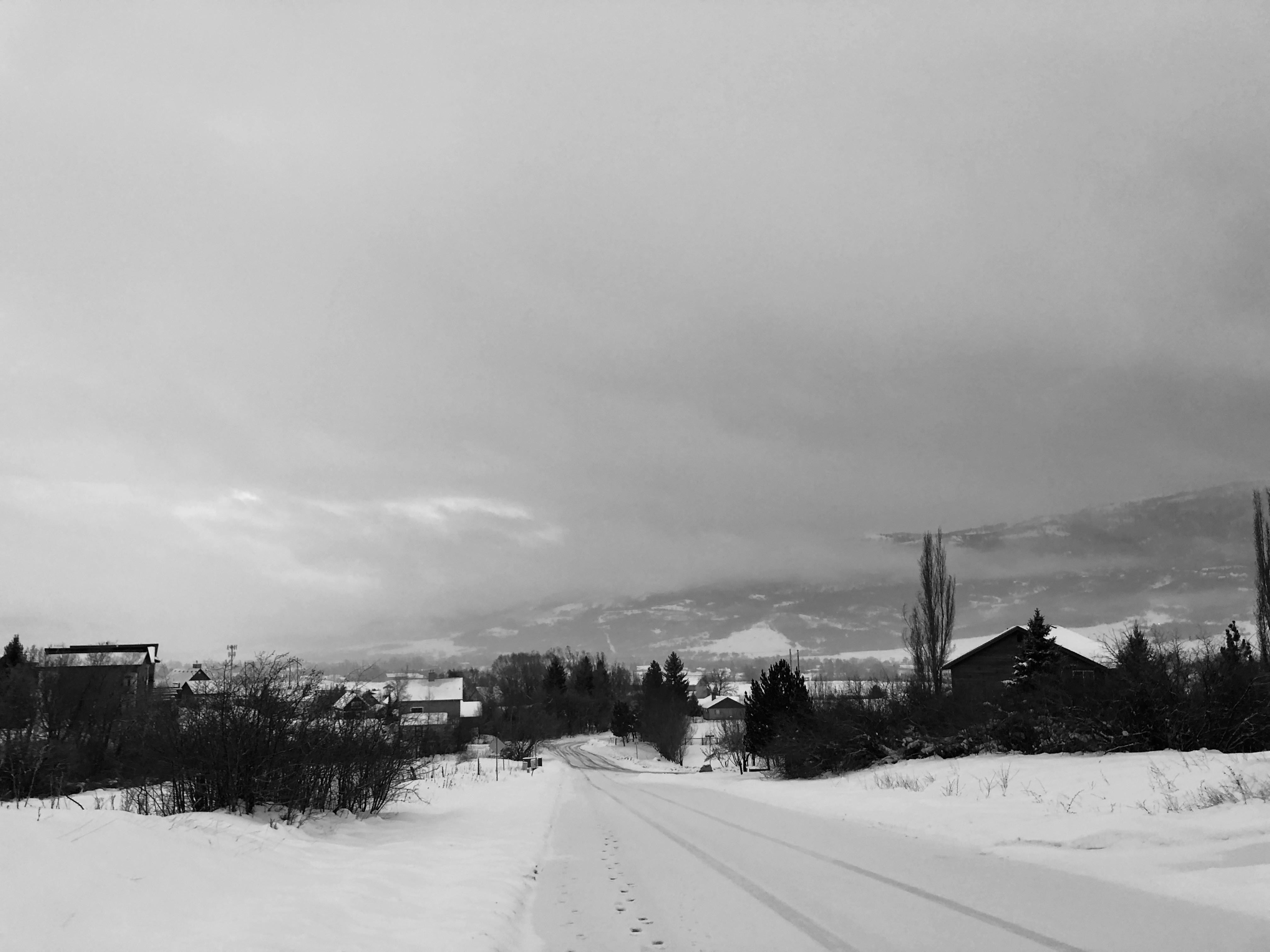 A black and white photo of a snow-covered hilly road leading down to a line of trees and houses, with a showy ridge shouded in the distance
