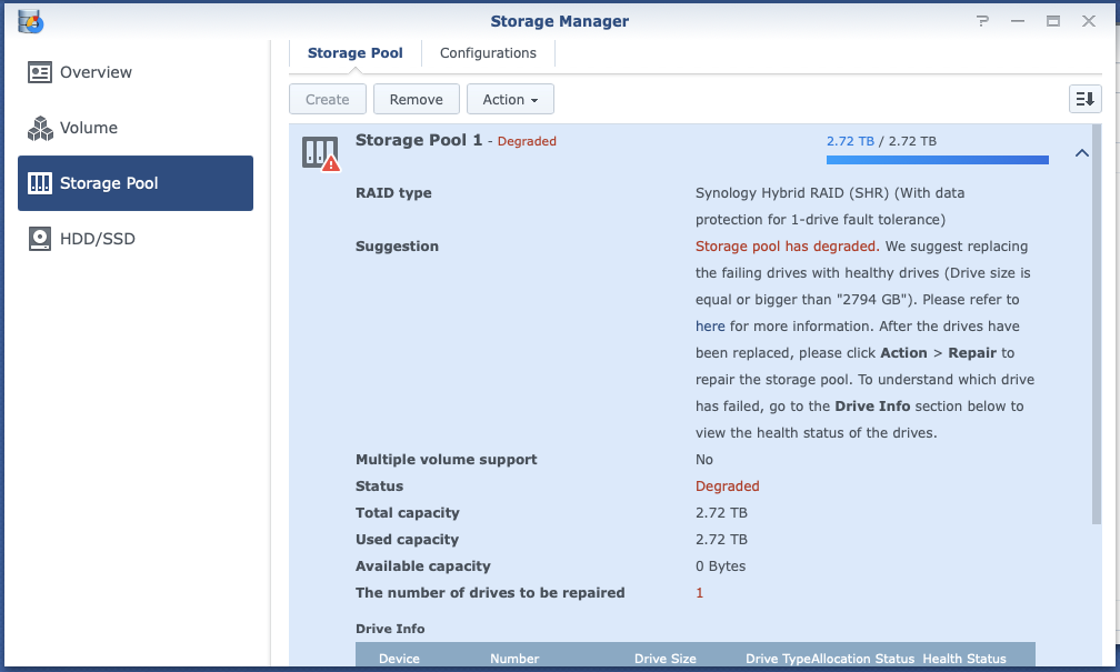 Screenshot showing the synology interface identifying a failing hard drive that needs to be replaced