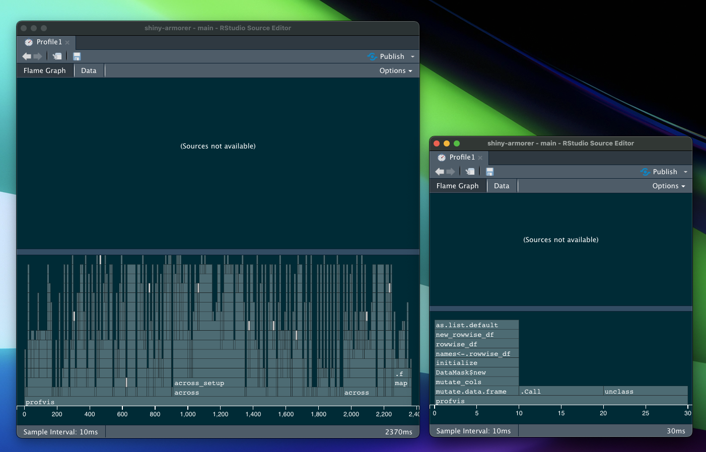 Two windows from the RStudio profvis tool, showing the times of several procesess. The second window shows the same process being completed dramatically more quickly than the first.
