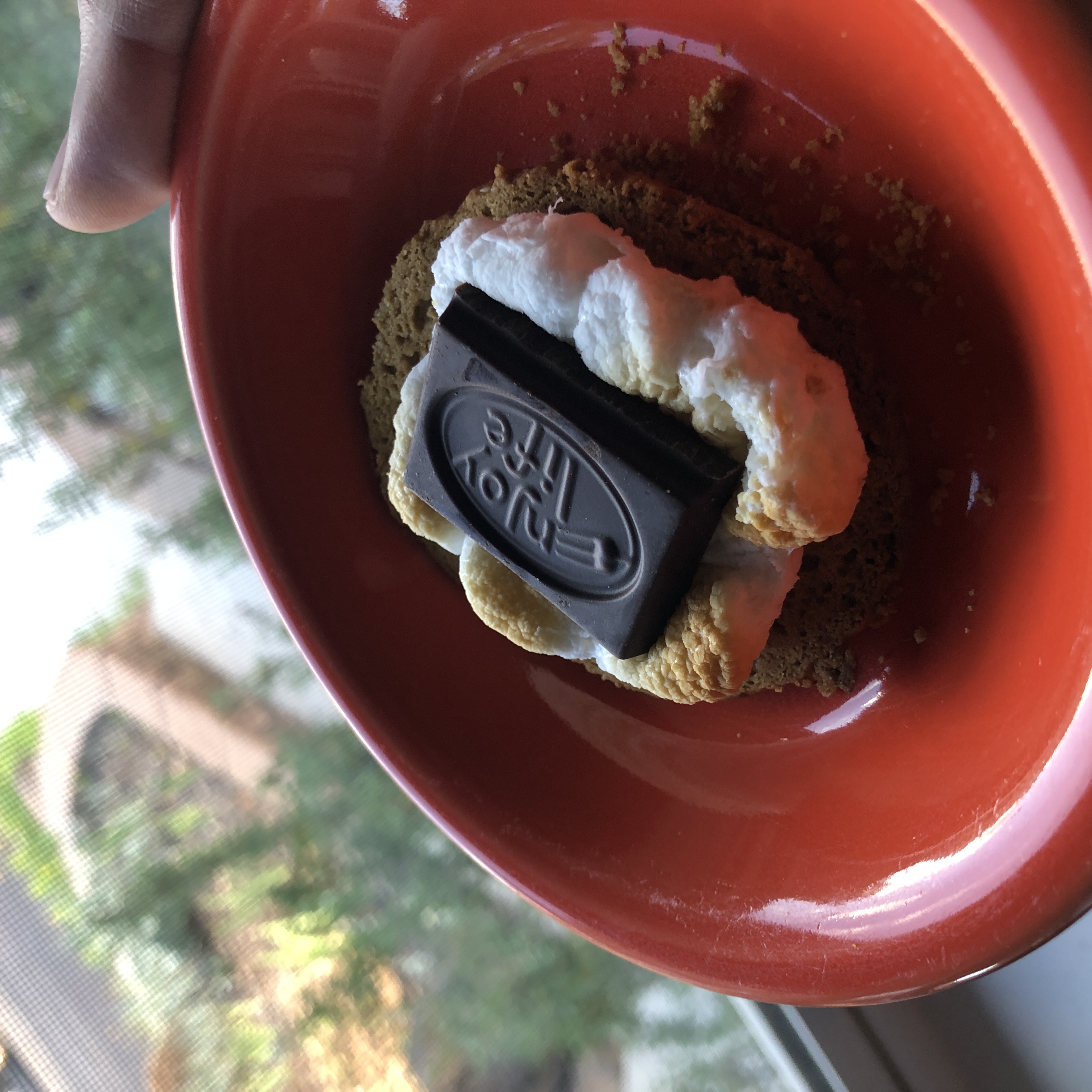 a hand holds an orange dish containing a round graham cracker, brown-toasted marshmallow, and piece of chocolate on top. The chocolate is stamped with the brand Enjoy Life.
