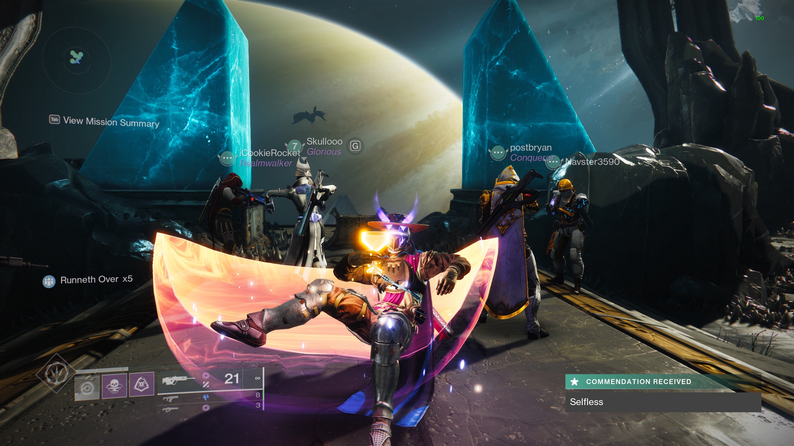 A screenshot from Destiny 2 showing several player characters at the edge of a platform. It depicts the final scene after victory over Oryx in the Kings Fall raid. A player is emoting sitting in a luxurious chair swirling a wine glass.