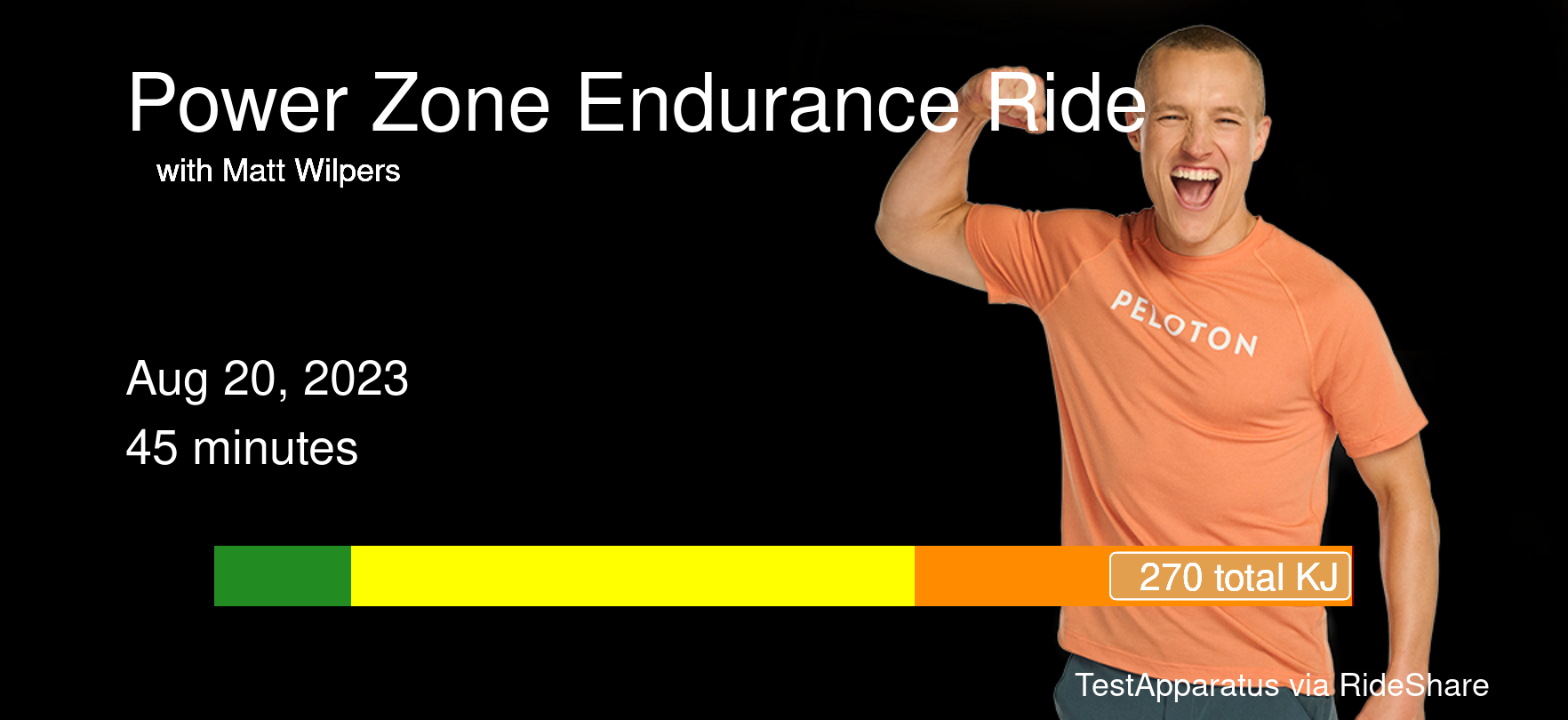 A Peloton ride share image, showing Matt Wilpers fist-pumping. It is a power zone endurance ride, 45 minutes long, and shows most of the time I was in the yellow heart rate zone (zone 3).