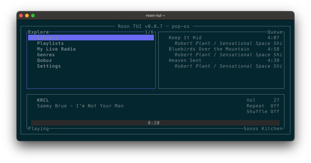 A console application in a Mac terminal window showing a text-based music player. 