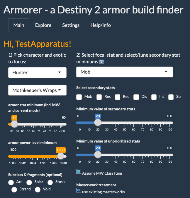 Screenshot showing an application that allows a user to specify several parameters for a Destiny 2 loadout: Class, exotic armor, and several stat criteria including minimum stat total, power level, and primary ability stat values.