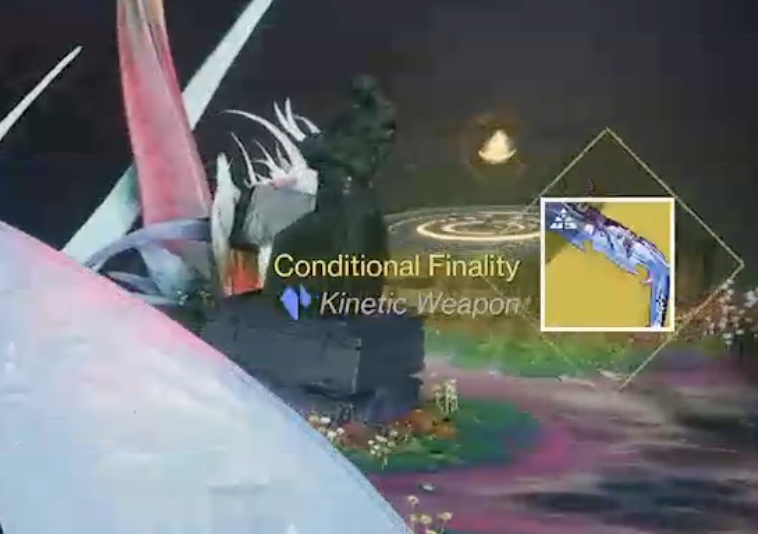 An image from the completion screen of the Root of Nightmares raid, showing the emblem for the Conditional Finality exotic weapon appearing in bright yellow, indicating that it dropped for me at the end of the mission.