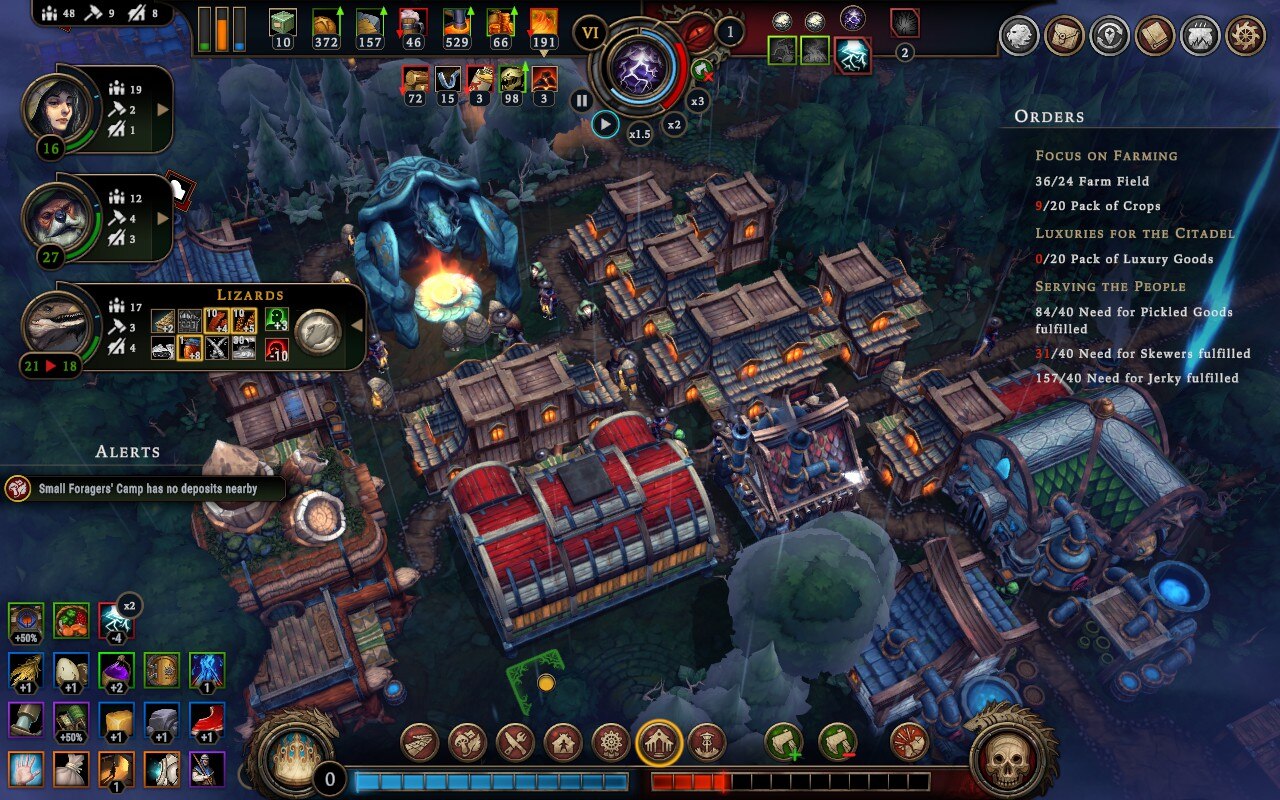 Screenshot from Against the Storm, showing a crowded village center. There is a cozy hearth surrounded by shelter buildings and a large red warehouse building tucked tightly within a forest.