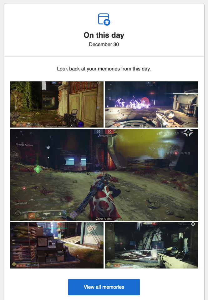 An image of an email containing several thumbnails of Destiny 2 game videos.