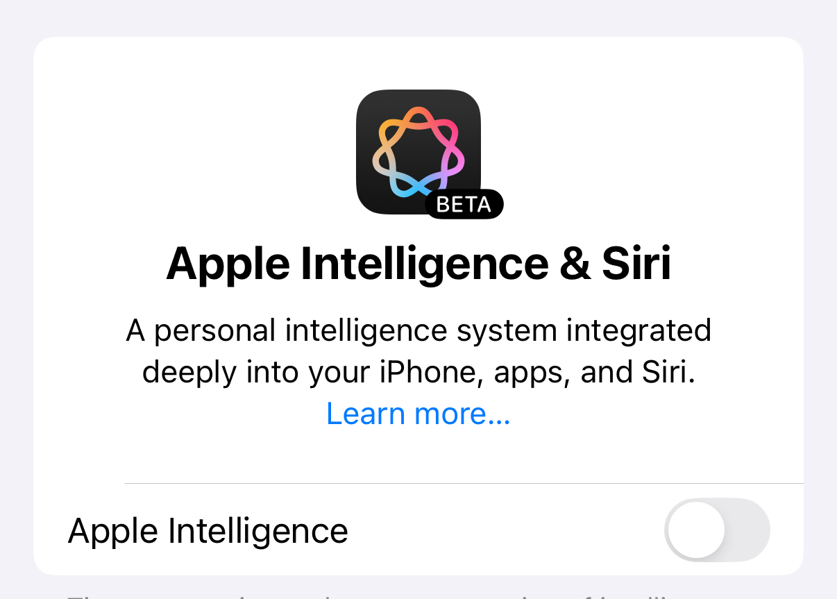 Screenshot of the Apple Intelligence control in iOS preferences. It is turned off.